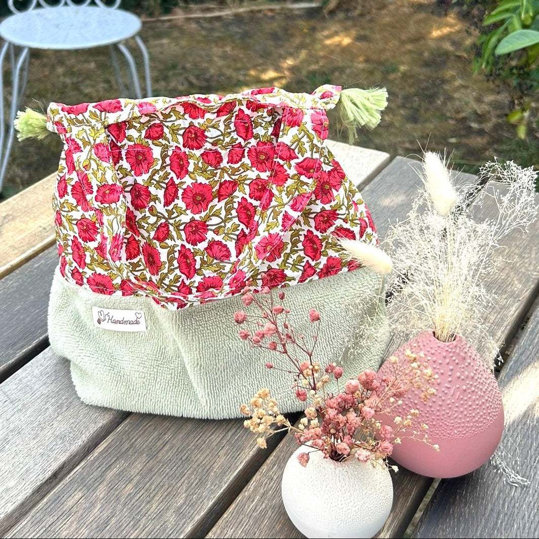 Sac pochon Oscar Coquelicot ouvert doublure coton fleuri style Liberty éponge bambou polyvalent fait main France