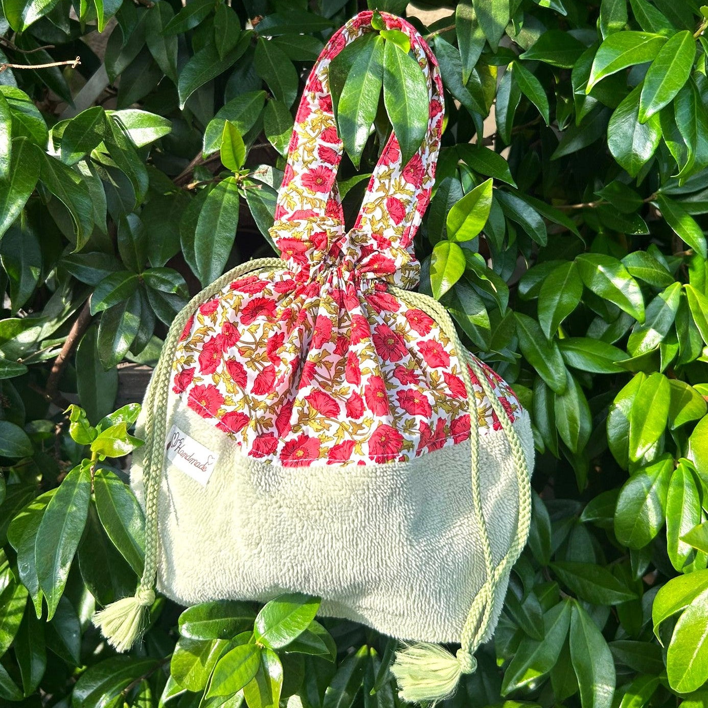 Sac pochon Oscar Coquelicot éponge bambou rouge coton fleuri style Liberty fait main France polyvalent
