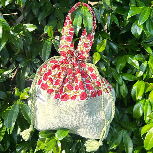 Sac pochon Oscar Coquelicot éponge bambou rouge coton fleuri style Liberty fait main France polyvalent
