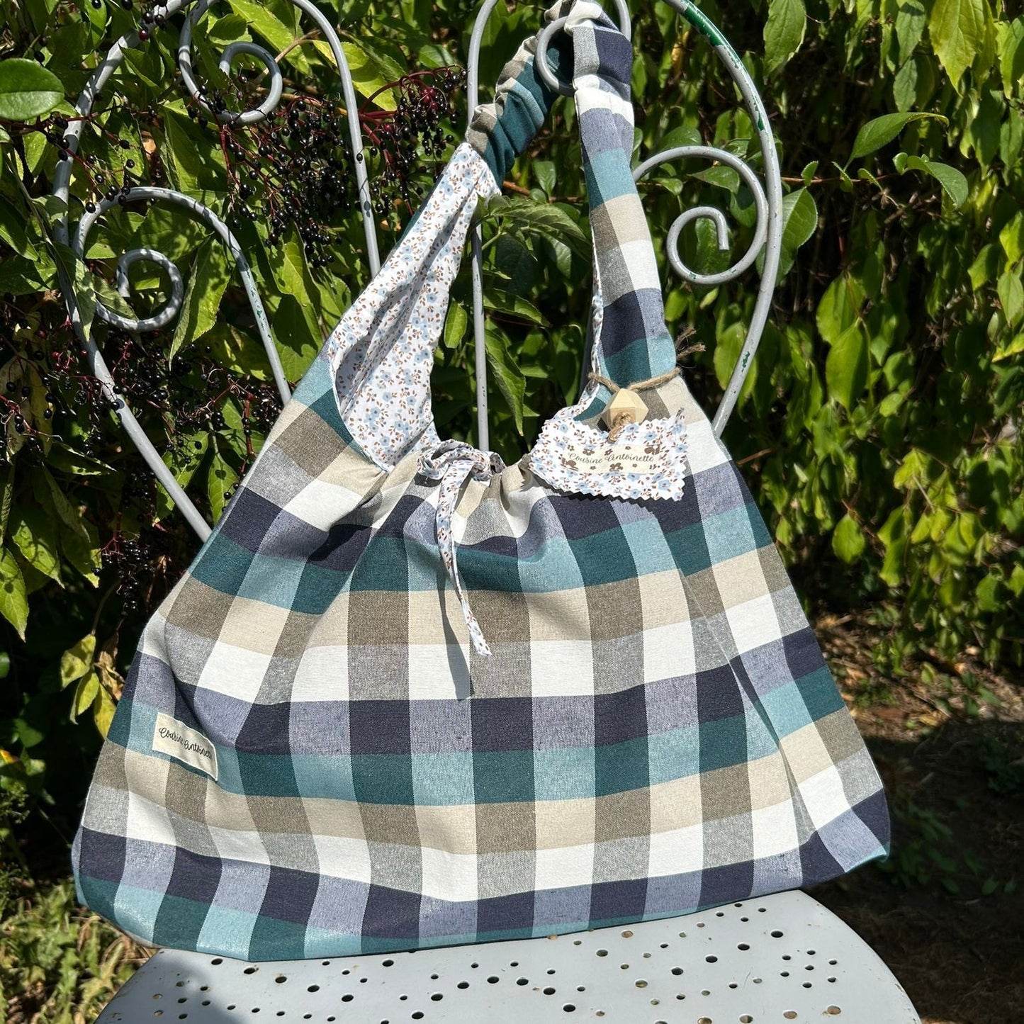 Sac Lune Caro Glacier motif carreaux bleu glacier - sac porté épaule fait main France
