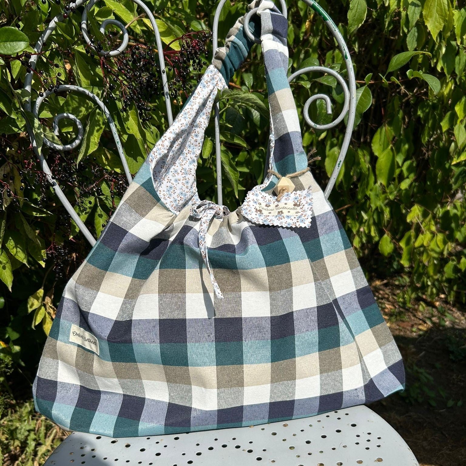 Sac Lune Caro Glacier motif carreaux bleu glacier - sac porté épaule fait main France
