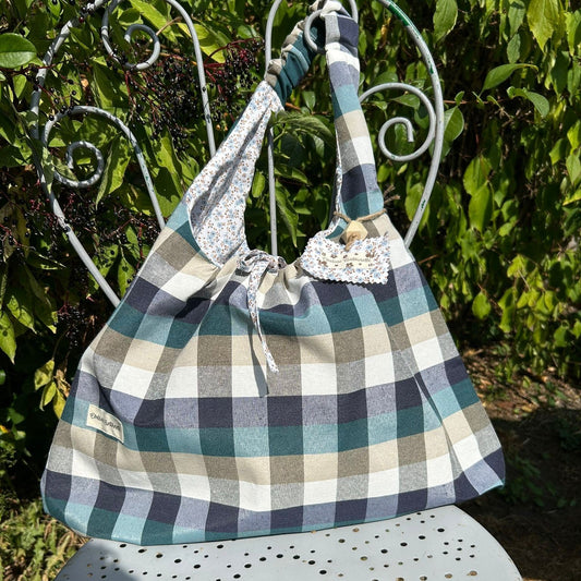 Sac Lune Caro Glacier motif carreaux bleu glacier - sac porté épaule fait main France
