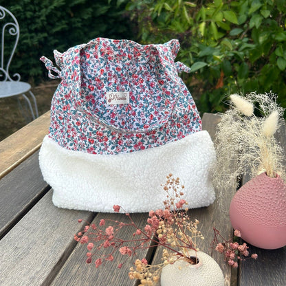 Sac pochon Oscar Clématite ouvert doublure coton fleuri style Liberty sherpa polyvalent fait main France
