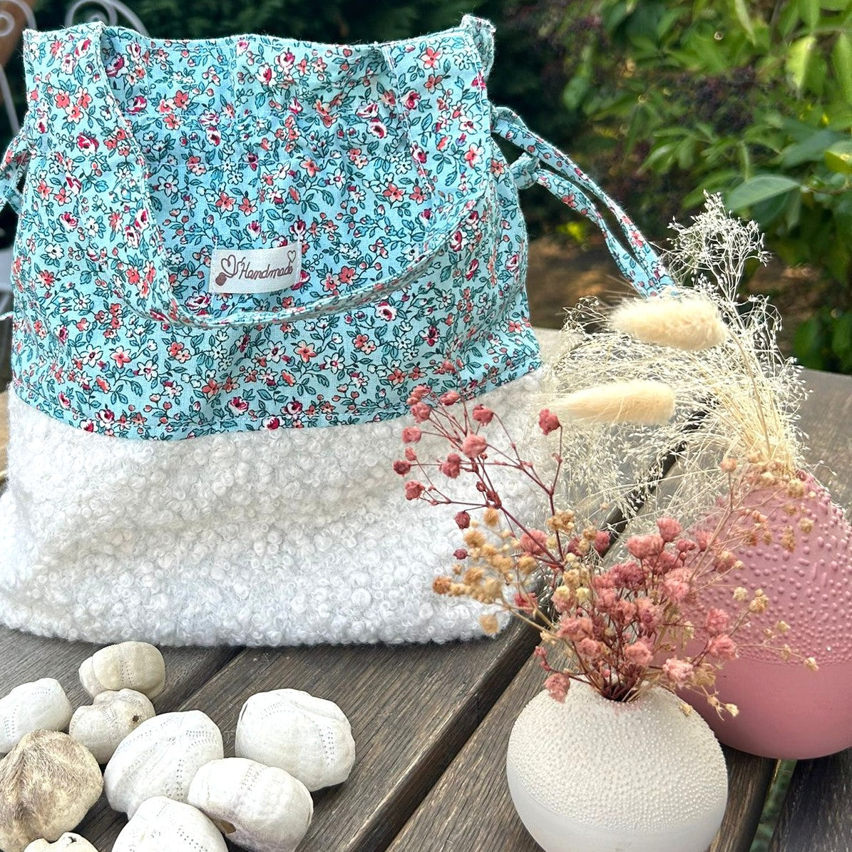 Sac pochon Oscar Flocon ouvert doublure coton fleuri style Liberty bouclette polyvalent fait main France