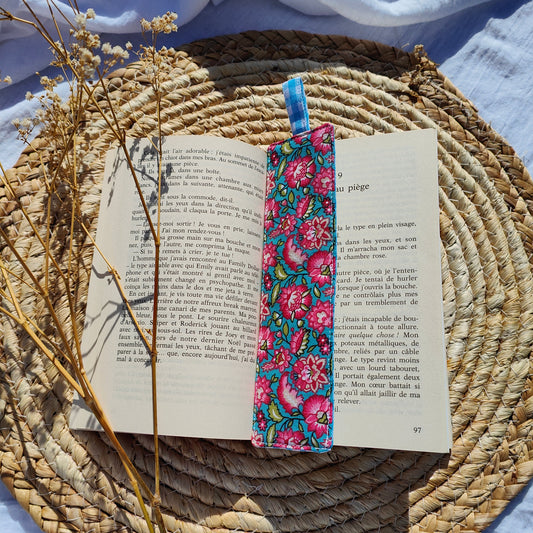 Marque-page Malabar artisanal recto-verso motif coloré et vichy bleu, 100% coton Oeko-Tex, fait main Angers
