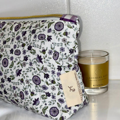 Doublure vichy violet pochette Colette Prairie, finitions artisanales françaises
