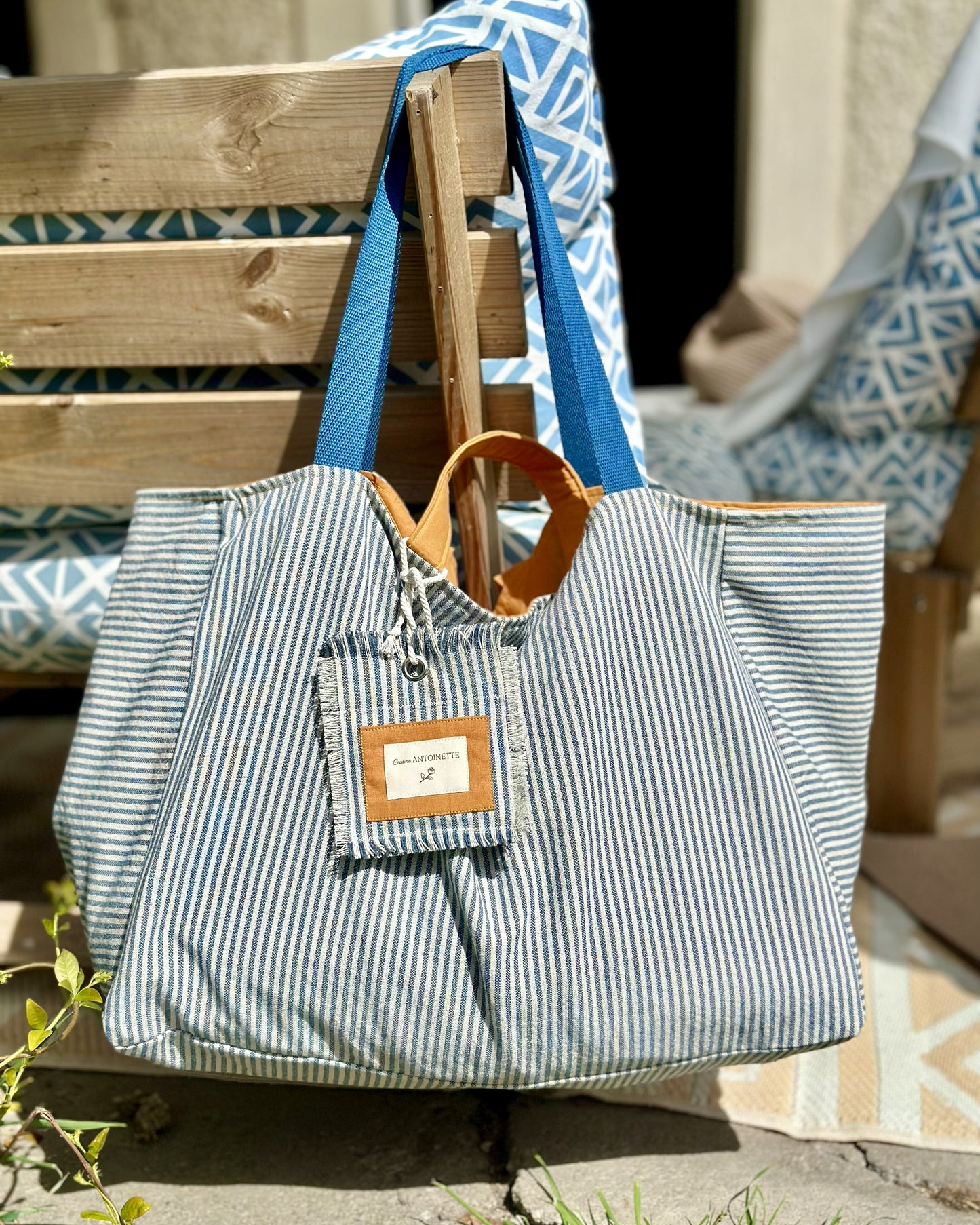 Maxi sac week-end Deauville Curry en coton rayé fait main — Cousine Antoinette
