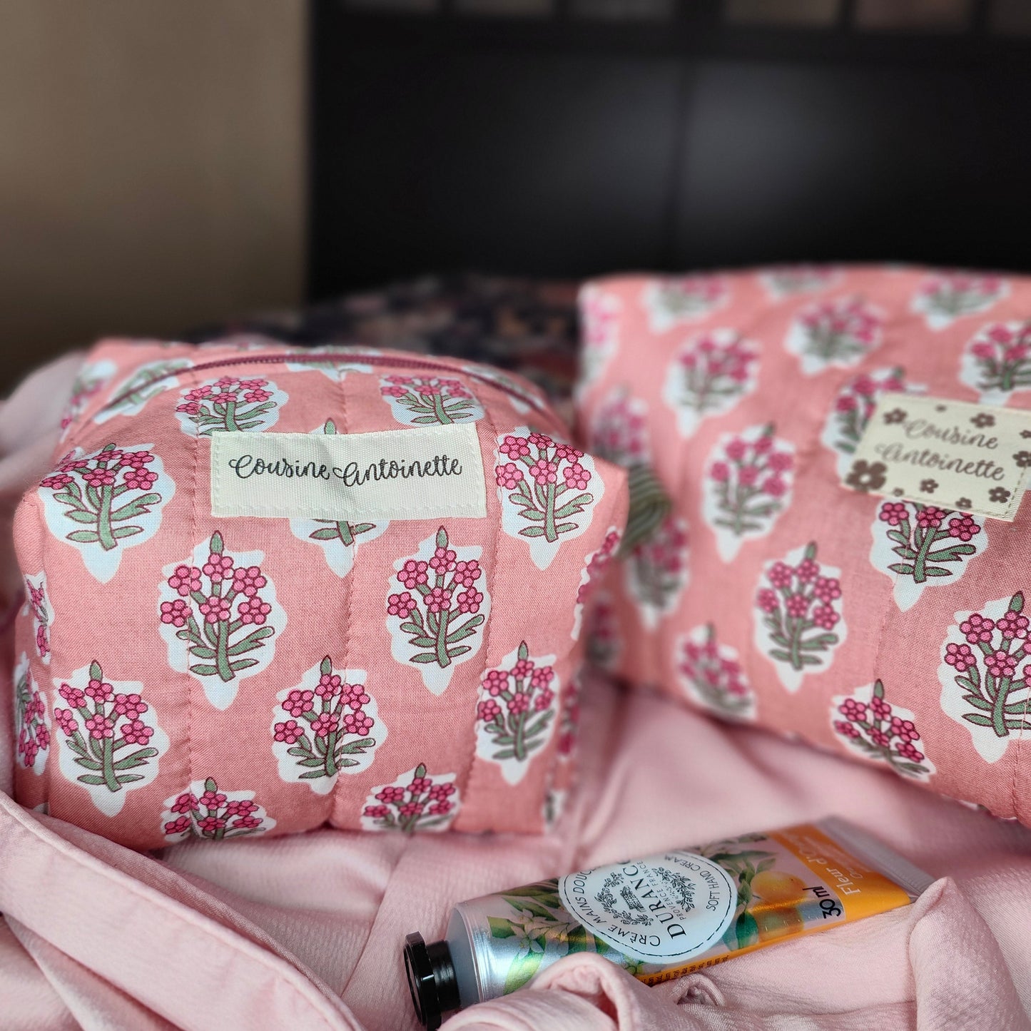 Trousse de toilette mini Bouquet Rose motif floral fait main en France coton Oeko-Tex