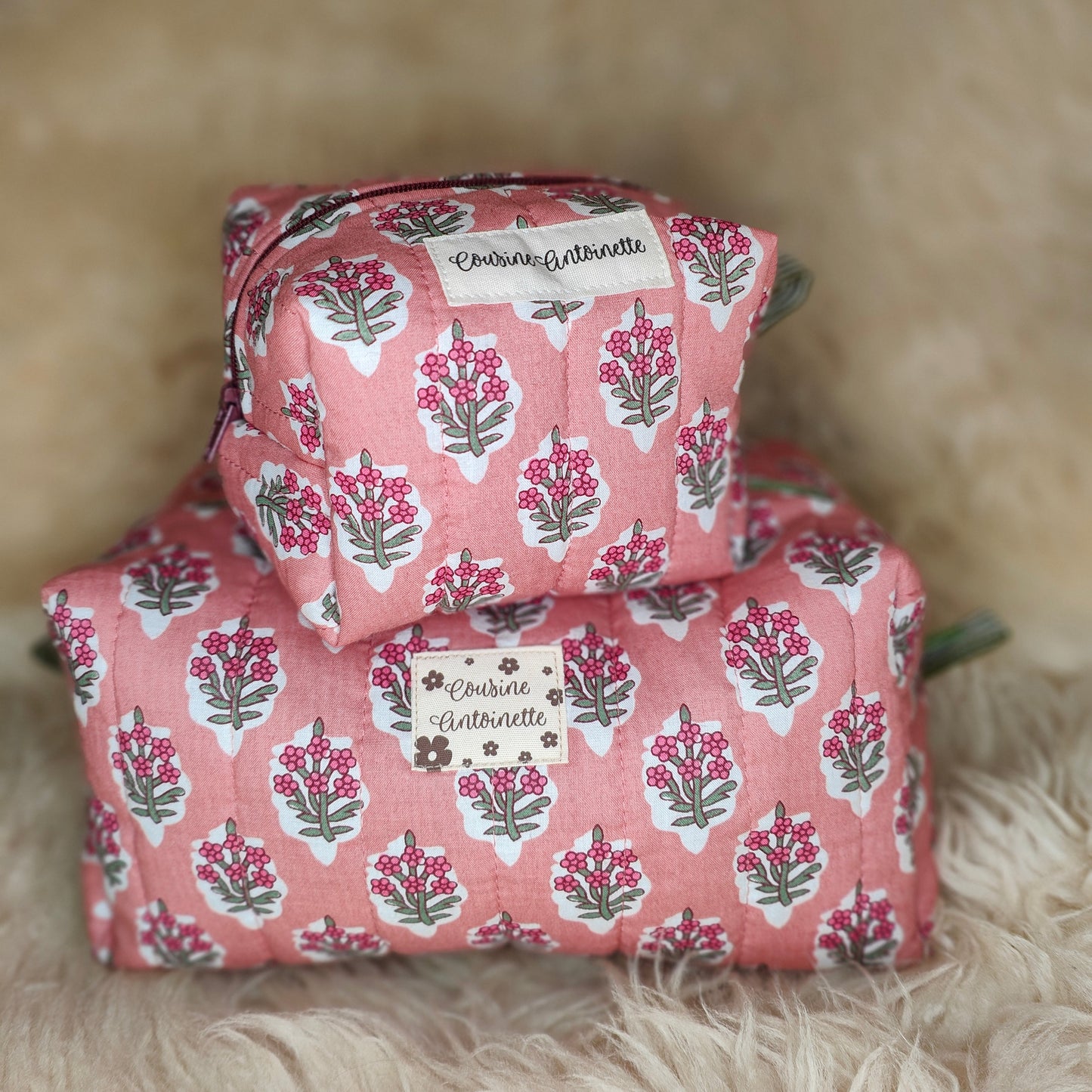 Trousse de toilette grande Bouquet Rose motif floral fait main en France coton Oeko-Tex