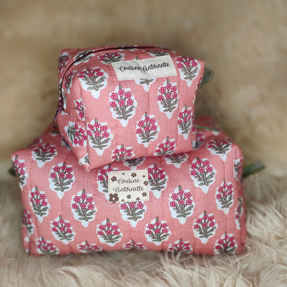 Trousse de toilette grande Bouquet Rose motif floral fait main en France coton Oeko-Tex
