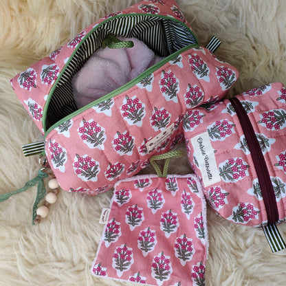Trousse de toilette grande Bouquet Rose artisanale française motif floral fait main