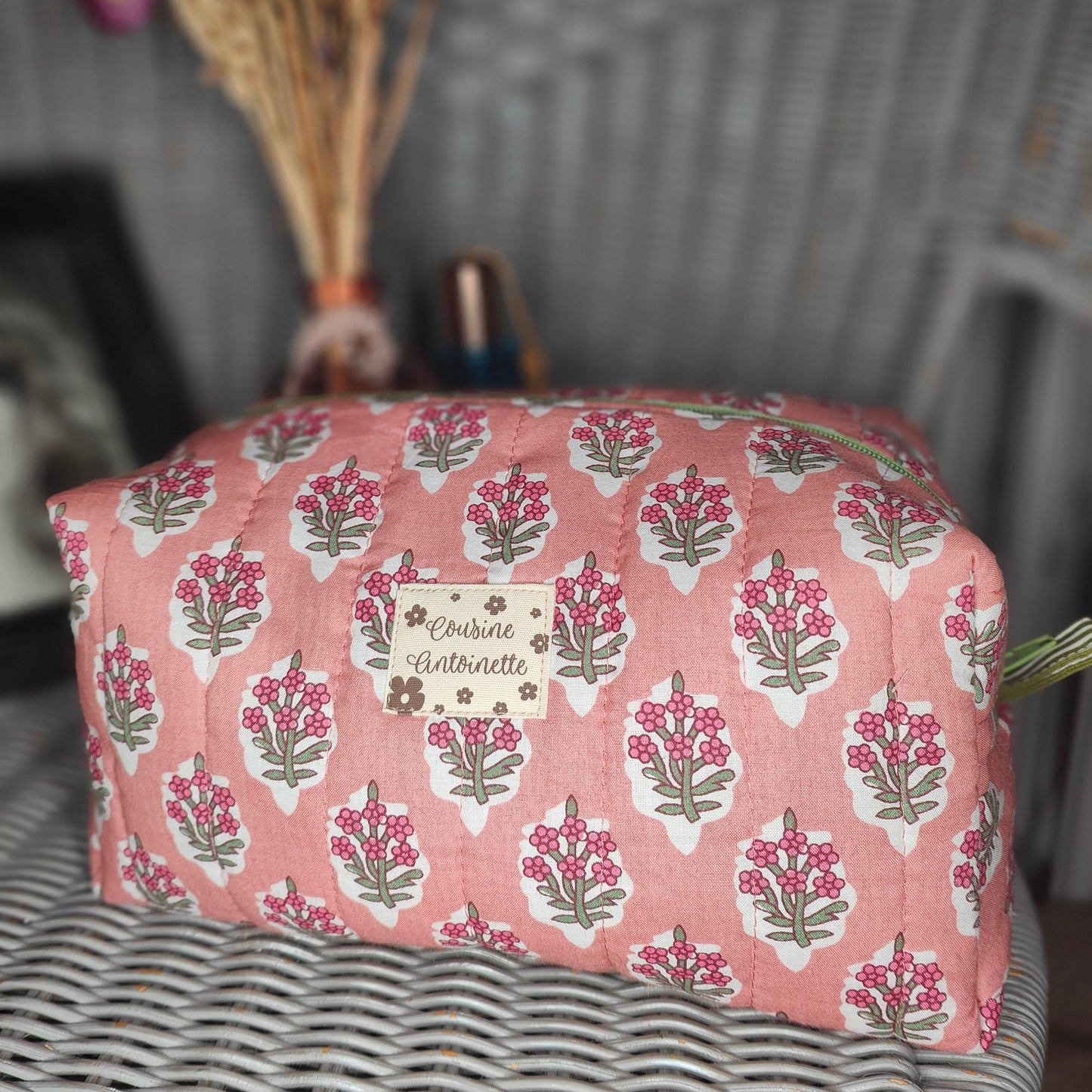 Trousse de toilette grande Bouquet Rose motif floral fait main en France coton Oeko-Tex