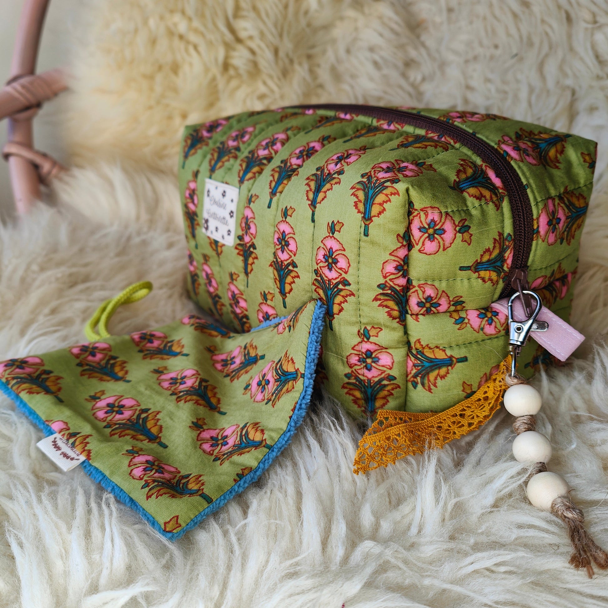 Détail fermeture éclair grande trousse de toilette Mahal artisanale française